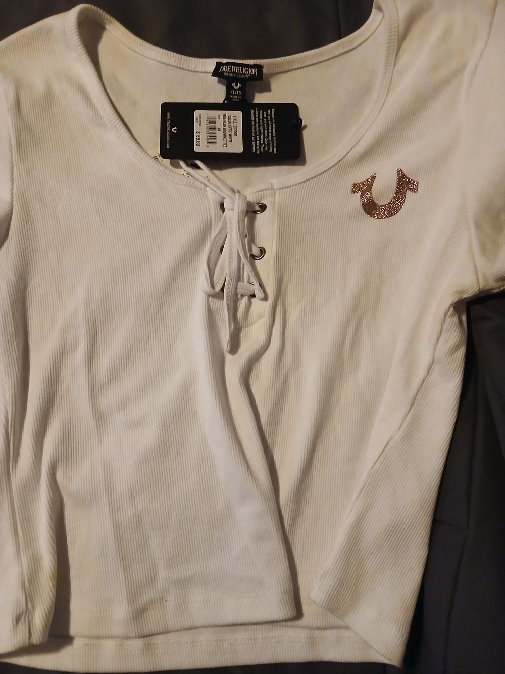 True Religion White Ribbed Lace-Up Crop Top with Rose Gold Logo